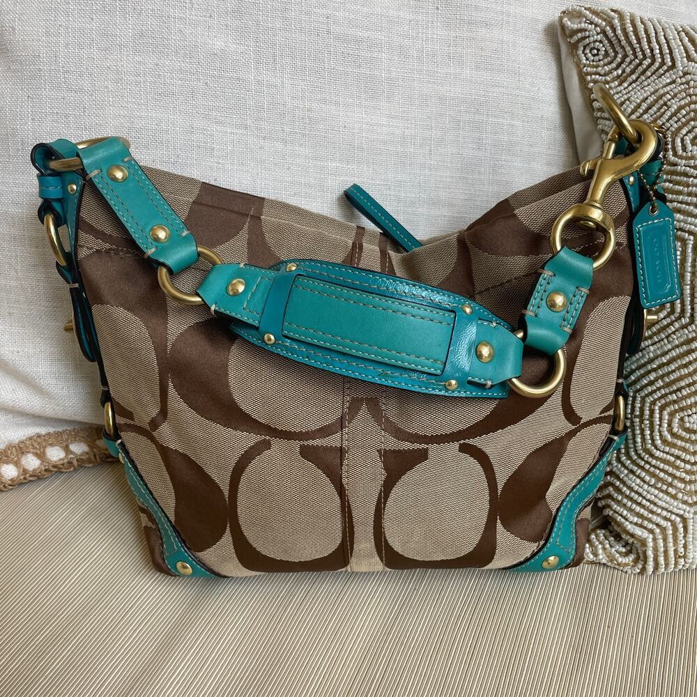 Rare Y2K Coach Carly Small Signature Hobo Bag | Brown, Turquoise Blue, Turnlock